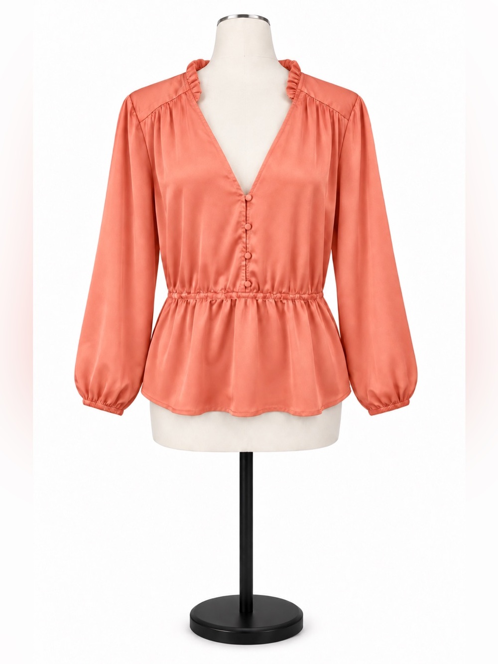J.Crew Women’s Coral Satin Peplum Ruffle Long Sleeve Blouse Size 14 NWT